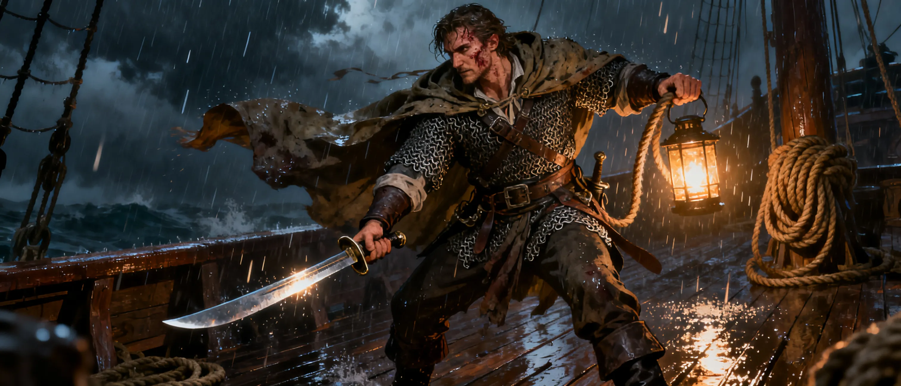 Scarred human naval bosun in chain mail and weathered cloak, one hand on a cutlass and one on a rope coil, standing on a rain-slick deck under storm lantern light.
