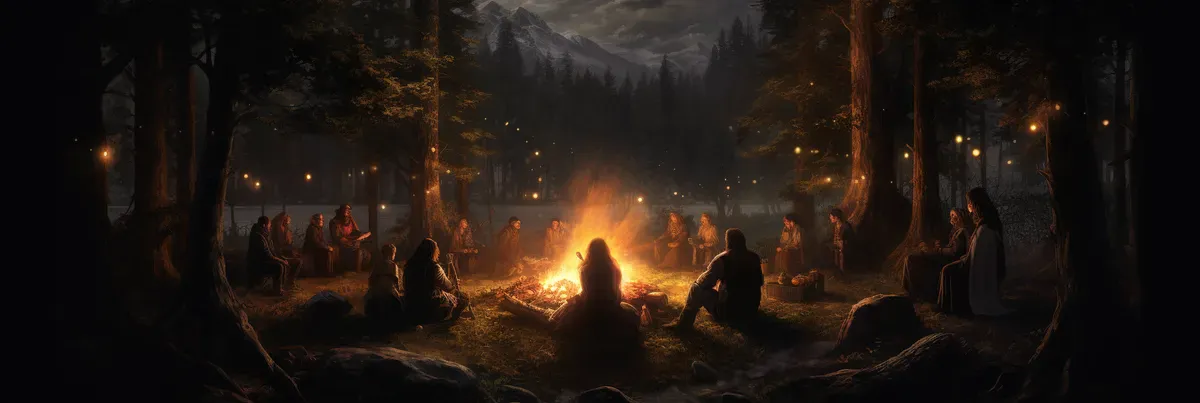 An image showing a groups of people gathered around a fire, listening to stories