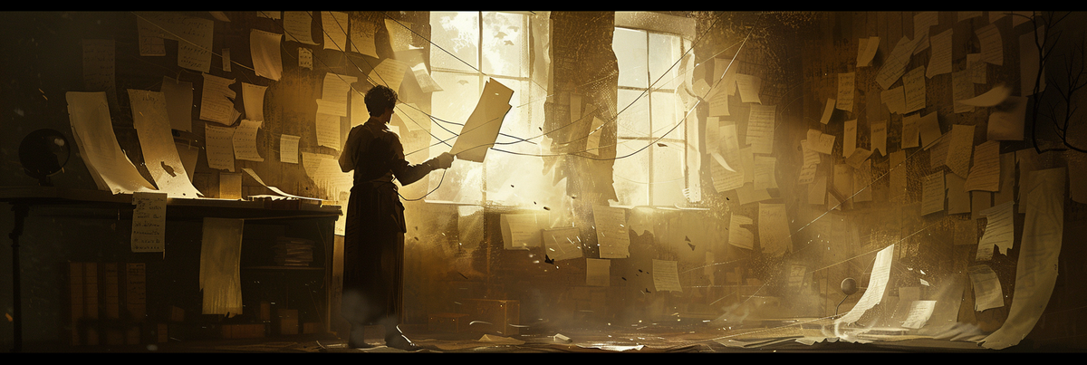 Image showing a man standing in a room full of pages on the wall representing story plot, and strings connecting them - plot points.