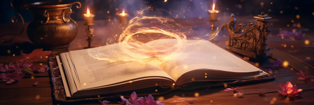 An image of an open book with a picture of swirling magic above it