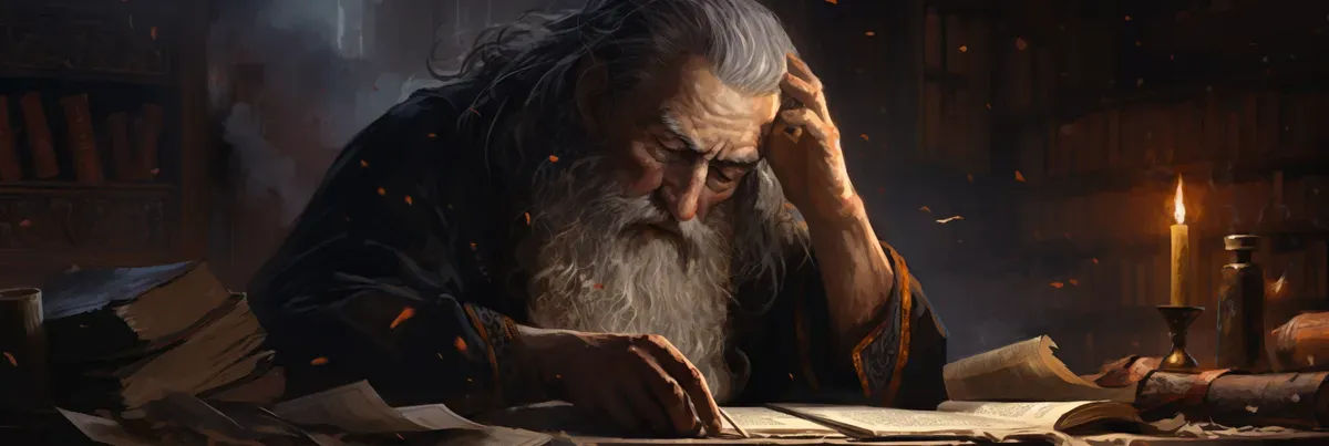 An old wizard reading terms of services, and crying